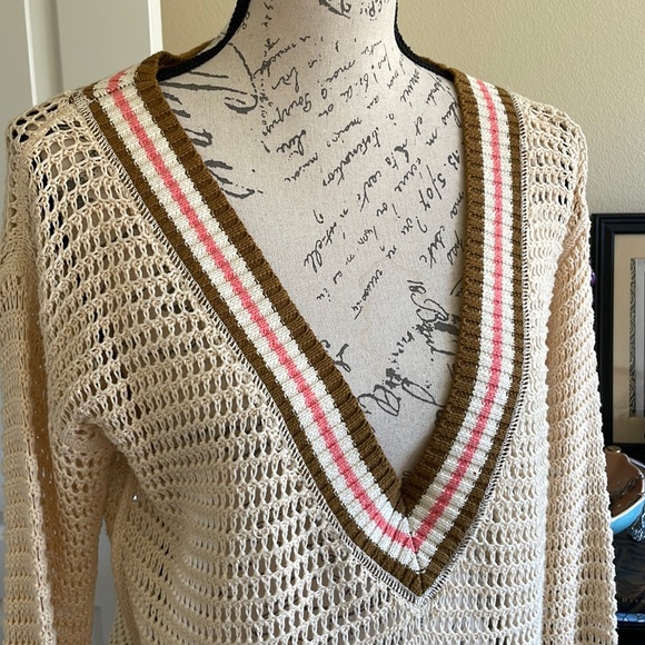 Free People Cream V-Neck Sweater with Multicolor Stripes - Picture 4 of 10